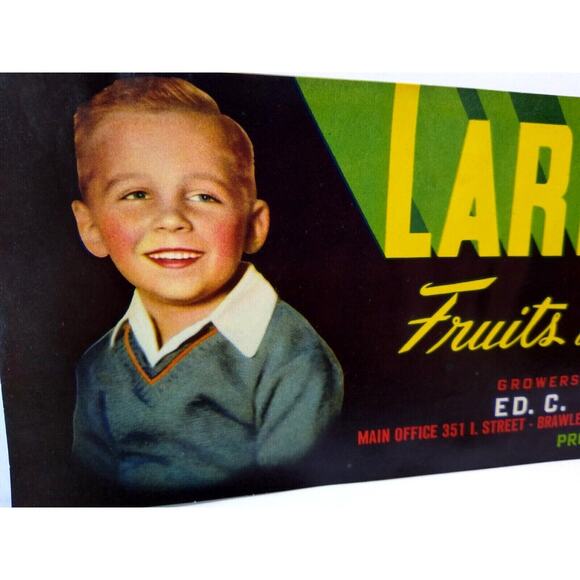 Larry Joe Fruit Crate Label Young Smiling Boy Original Vintage 1950's Vegetables - Picture 3 of 5